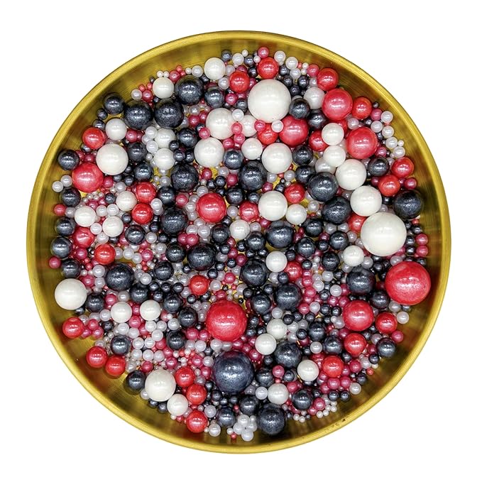 Dynastang Mixed Size Red & Black & White Pearls Sprinkles Edible Pearls Cake Decorating Pearls Cake Decorations Cupcake Toppers Cookie Decorating Perfect for Cakes, Cupcakes, Desserts Toppings 3OZ