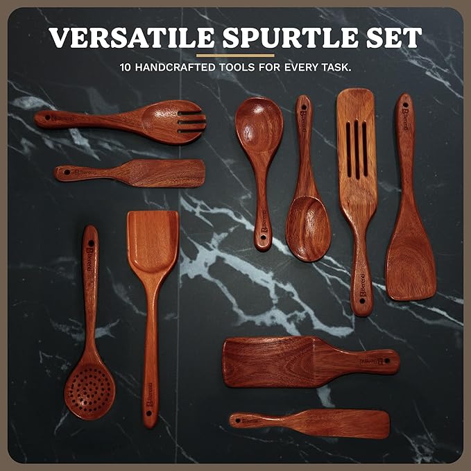 100% Natural Acacia Wooden Cooking Utensils Set - 10 Pcs Wooden Spurtle Set - Spurtles Kitchen Tools As Seen On TV Paddle - Safe for Nonstick Cookware - Stirs Like a Spoon, Flips Like A Spatula