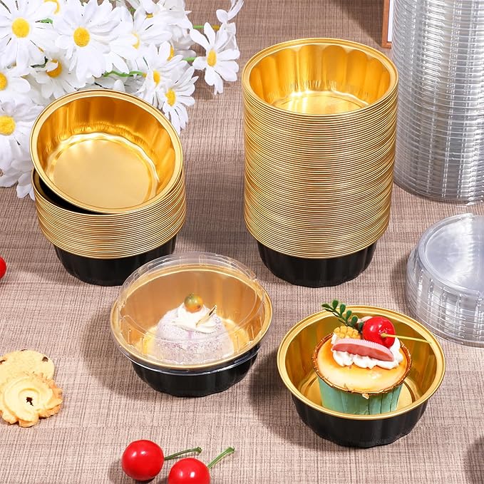 100 Pack 8 oz Disposable Ramekins with Lids, Disposable Ramekin Baking Cups Creme Brulee Ramekin Black Gold Aluminum Foil Cupcake Containers for Wedding Christmas Kitchen Party Graduation