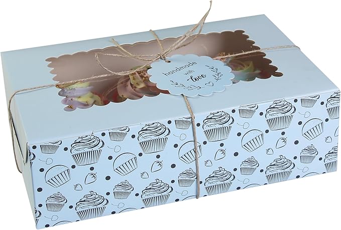 Cupcake and Muffin Boxes (Pack of 20), Fits 6 Treats comes with Insert trays, Tags and Twine (Blue)