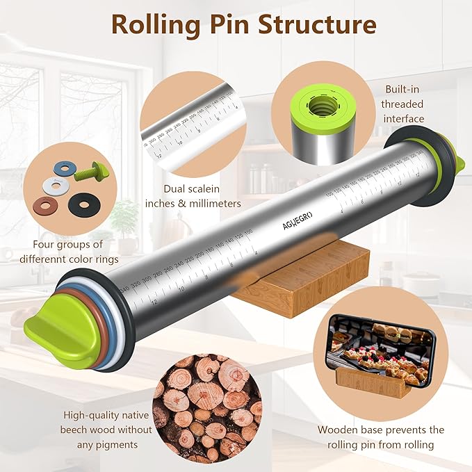 Stainless Steel Rolling Pin with Thickness Rings and Pastry Baking Mat for Baking, Fondant, Pizza, Pie, Cookies, Pastries, 13.6" Rolling Pin with 4 Multi-Color Thickness Rings and Wooden Stand