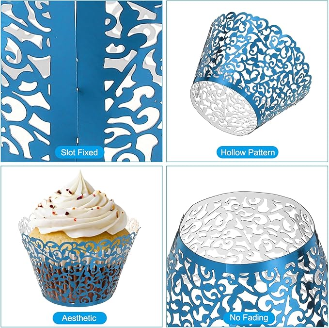 PATIKIL Cupcake Wrappers Paper, 50 Pack Baking Cups Standard Vine Decoration for Anniversary Birthday Weddings and Parties, Reflective Blue