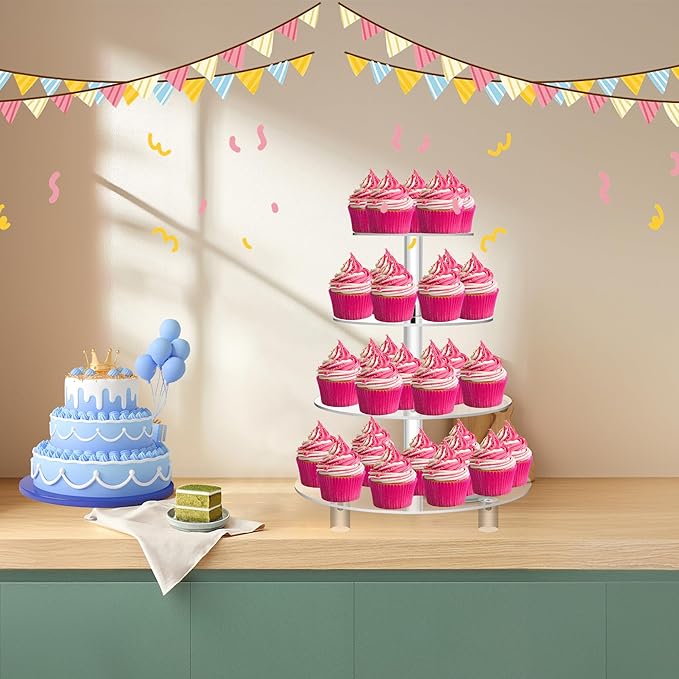 Jusalpha 4 Tier Round Acrylic Cupcake Stand-cake stand-dessert stand, cupcake Tower (4 Tier With Base)