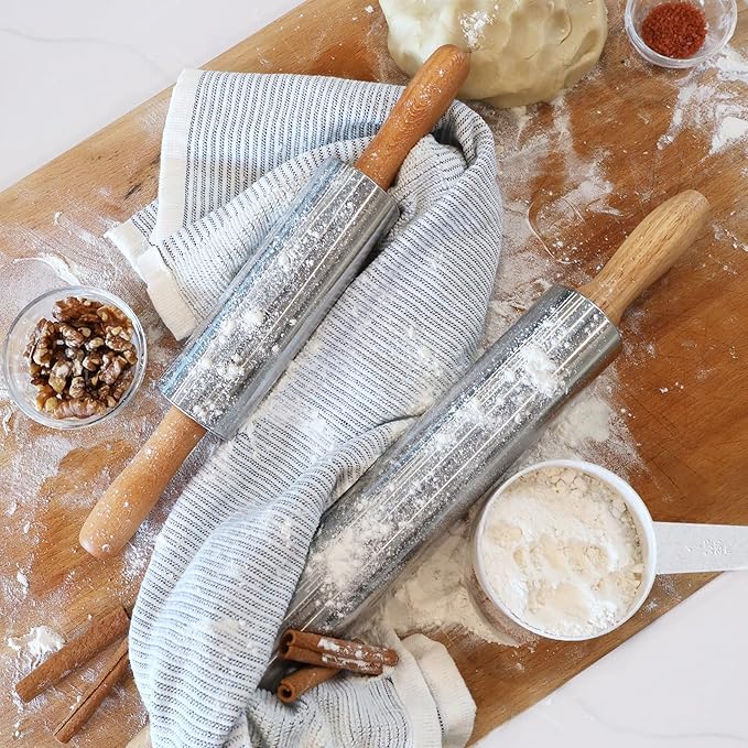 Beille Oak Wood Stainless Steel Barrel Classic Bakers Rolling Pin Baking Supplies Kitchen Essentials (2 Sizes) (17 Inch)