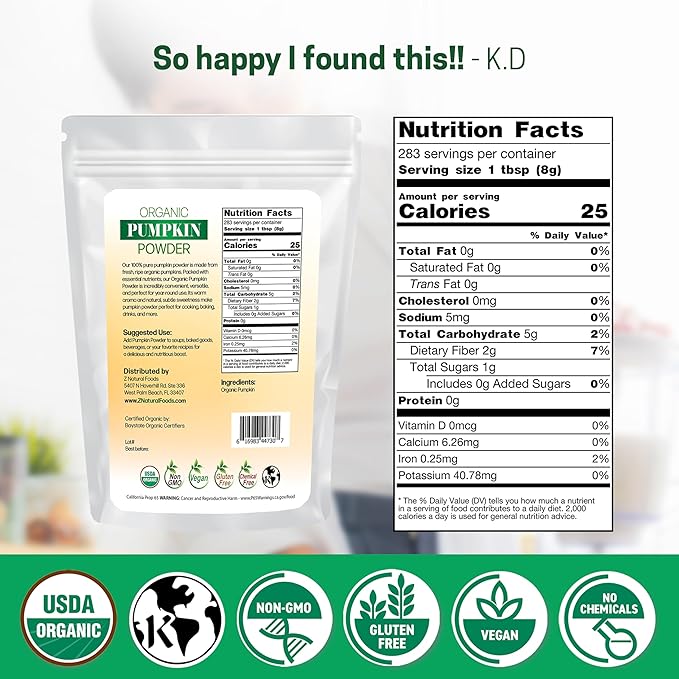 Z Natural Foods Organic Pumpkin Powder - Pure Powdered for Delicious Spice Latte, Baking, Smoothies, Juice, Puree - Dried Sweet Vegan Pumpkin Powder, Gluten Free, Kosher, 5 lbs