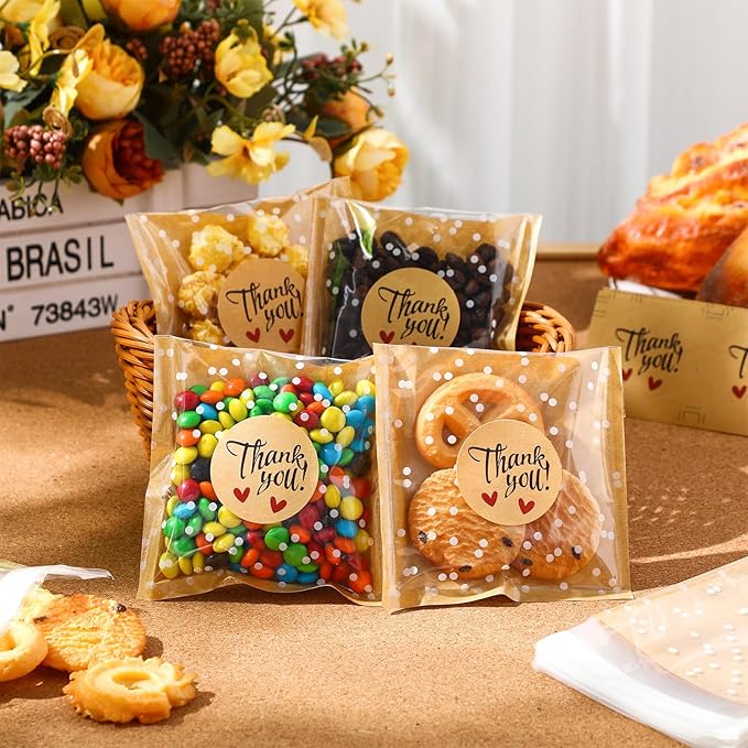 Self Adhesive Cookie Bags Cellophane Polka Dot Treat Bags Small Plastic with Thank You Stickers for Party Gift Giving Bakery Biscuit Candy Pastry(3.94 x 3.94 Inch,Small Dot,100 Pcs)