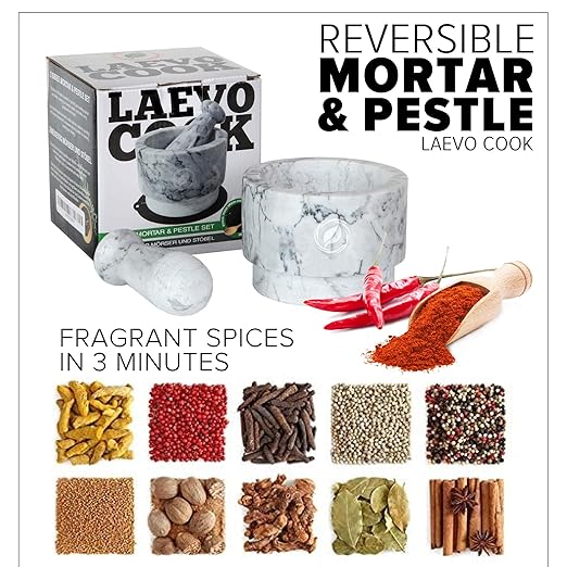 Laevo White Marble Mortar and Pestle Set - Heavy Duty Stone Spice Grinder - 2.1 Cup Capacity, 5.5-Inch Reversible Mortar and Pestle Set for Guacamole, Pesto, Spices - Large