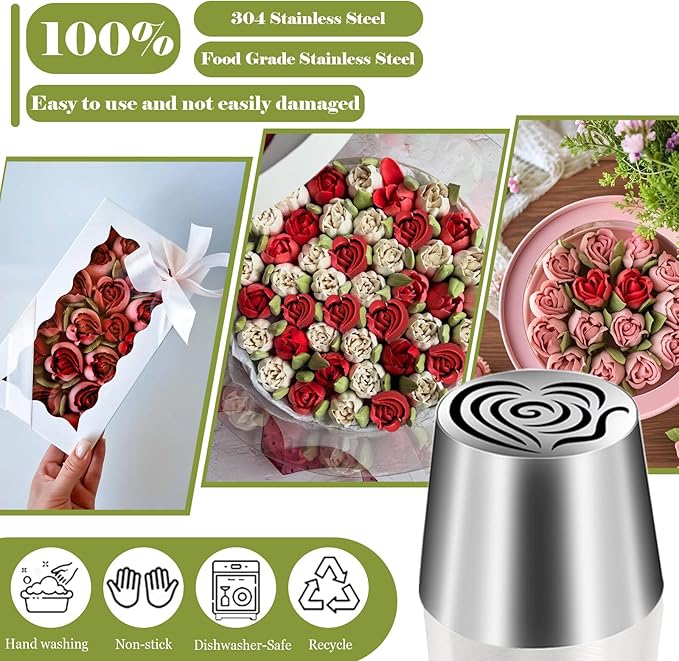 FANTEXY Extra Large Russian Piping Tip - Seamless Food Grade Stainless Steel Rose Heart Floral Nozzle for Cake Decorating, Buttercream, Frosting Flowers Dishwasher Safe SL87