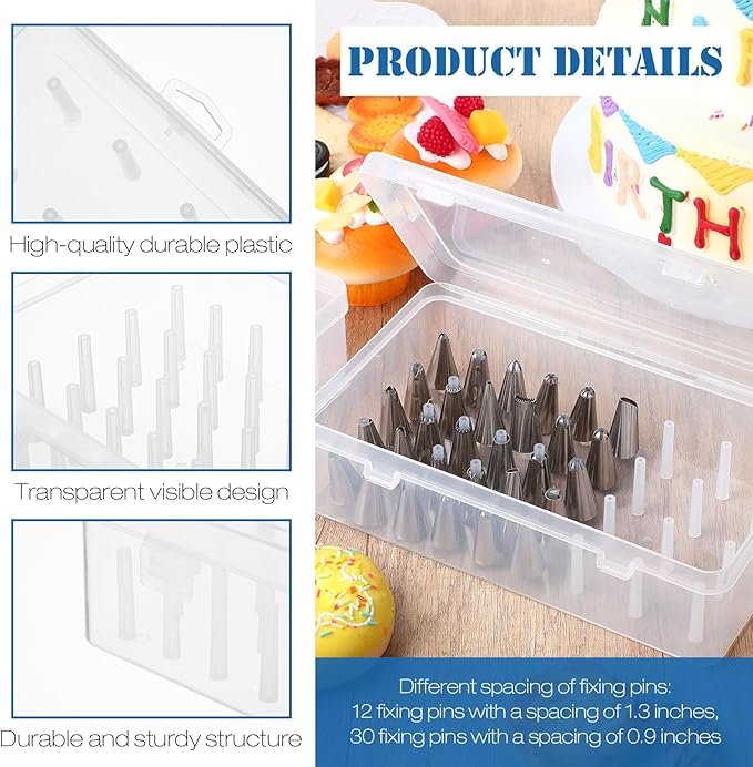 2pcs Piping Tip Box with Fixed Pins 84 Piping Tip Organizer Baking Cake Decoration Tool Storage Box (Clear)