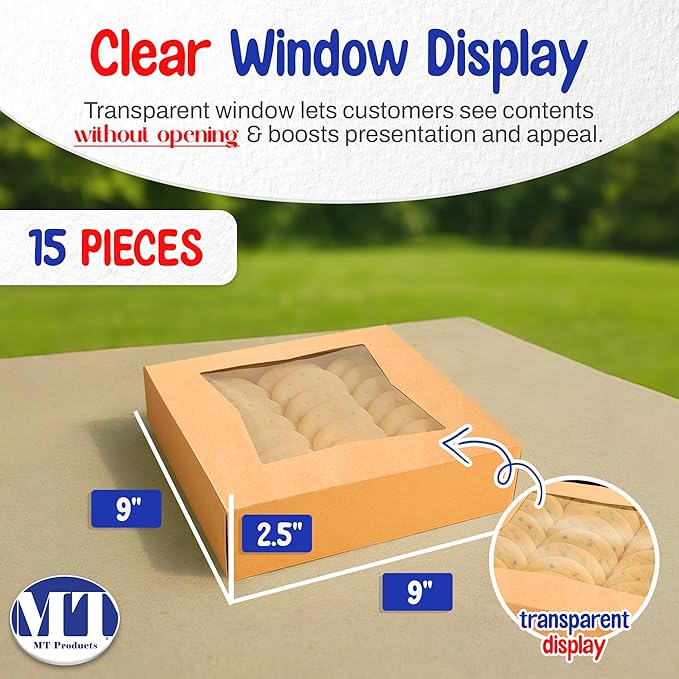 MT Products Kraft Bakery Boxes 9" x 9" x 2.5" - Auto Pop-Up Pie or Cake Boxes with Window (Pack of 15) - Made in the USA