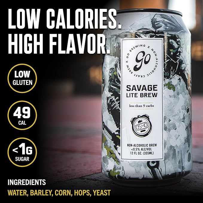 Go Brewing Non-Alcoholic Beer - Small Batch, Low-Calorie Brew - Light, Crisp, and Refreshing Flavor Profile - Bold & Smooth Finish Craft Beer - Classic Ingredients - Savage Lite Brew (12 Oz, 12 Cans)