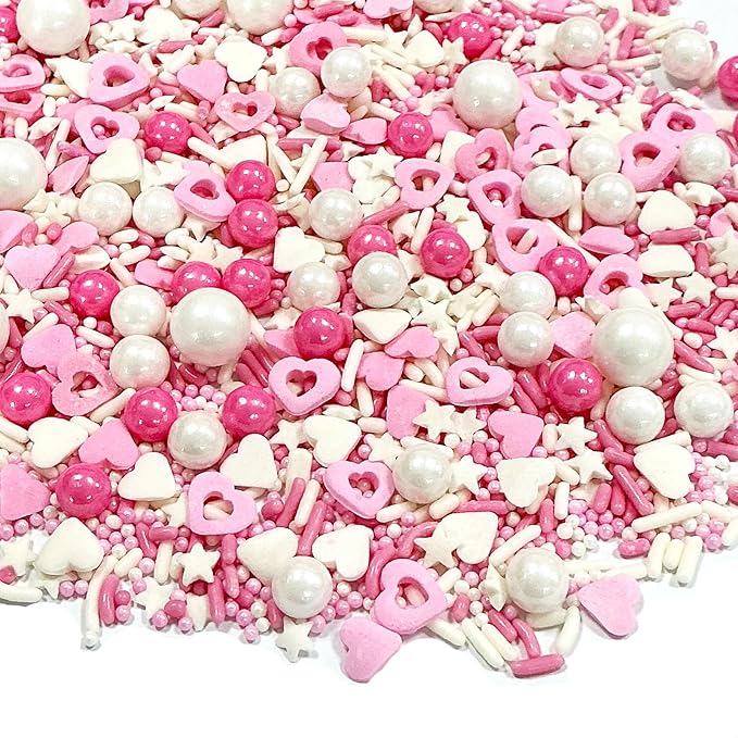 Valentines Sprinkles for Cake Decorating,Edible Pink White Pearl Confetti Jimmies Heart Sprinkles 100g/3.5oz Baking Ice Cream Cupcakes Wedding Party Valentines Christmas Supplies