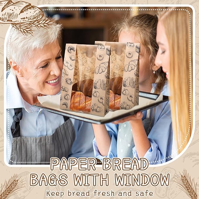 100 Packs Paper Bread Bags for Homemade Bread Sourdough 13.8 x 8.3 x 3.5 Inches Kraft Paper Bakery Bag with Window Label Seal Sticker for Baked Food Packaging Storage(Brown)