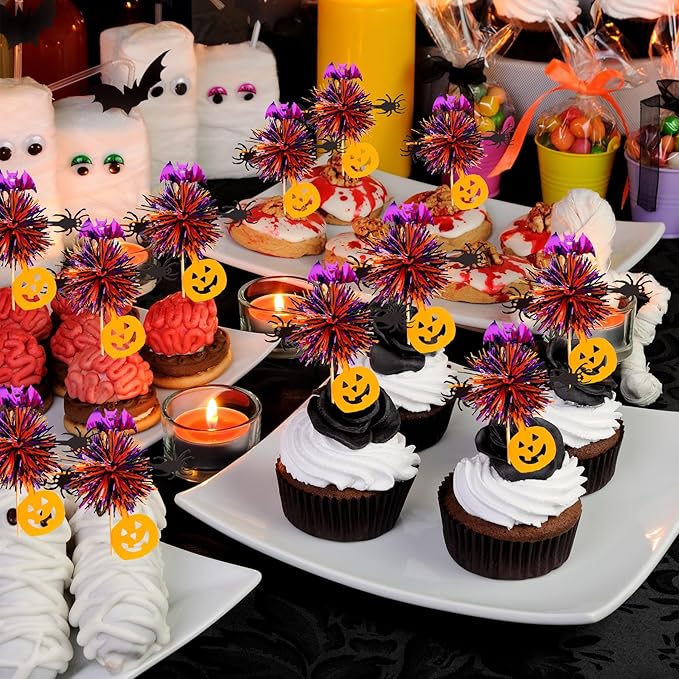 24pcs Halloween Foil Firework Cupcake Toppers Happy Halloween Theme Cupcake Picks Decoration Cocktail Fruit Toothpick for Fall Party