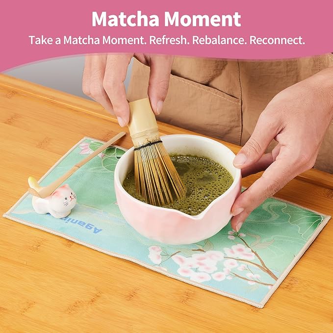 7 Pcs Matcha Whisk Set, Matcha Set Pink,Matcha Kit,Matcha Tea Set,Matcha Bowl Set with Pink Cat Scoop Holder, Tea Cloth, Sifter(Gradient Pink)