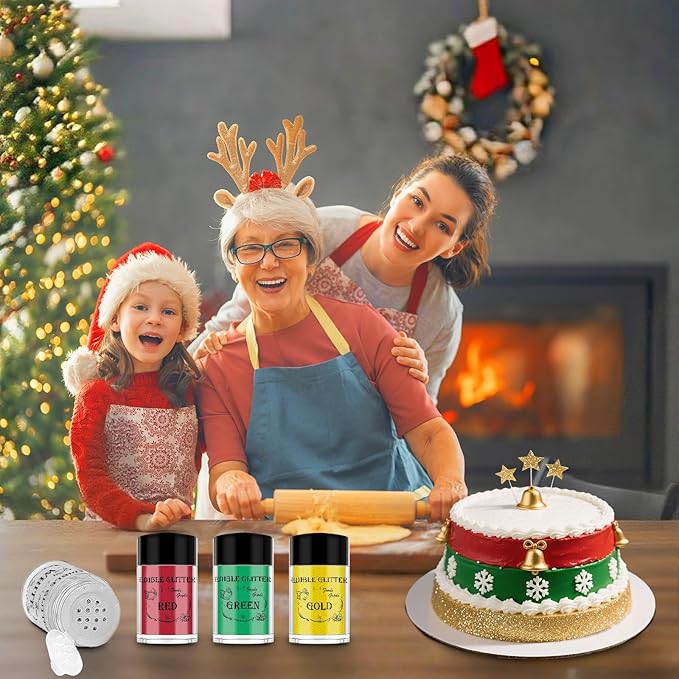 Christmas Edible Glitter 4 Color Set - Holiday Red, Green, Gold & White Sparkle Luster Dust for Baking, Cake Decorating, Christmas Crafts - 5g/Bottles