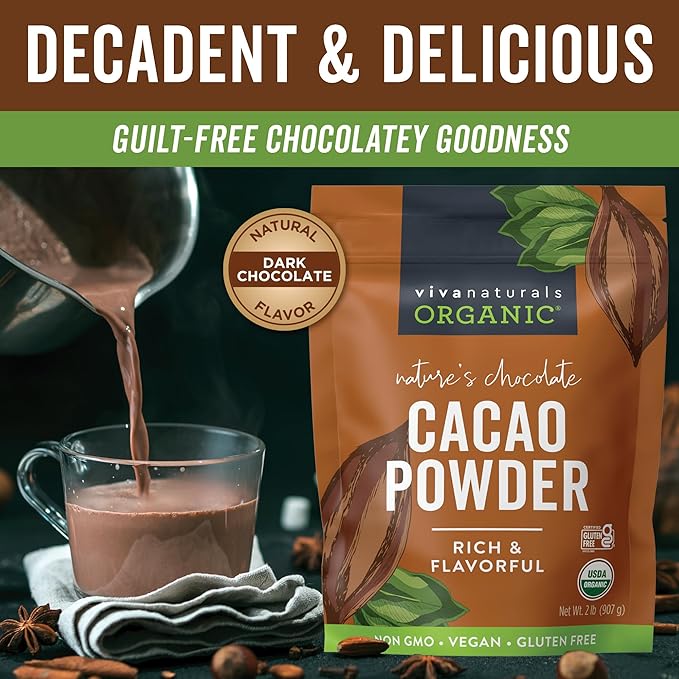 Organic Cacao Powder, Unsweetened, 2 lb (907 g) – Rich Dark Chocolate Flavor, Perfect for Baking, Smoothies & Hot Chocolate – Vegan, Keto, Paleo, Non-GMO & Gluten-Free Cocoa Powder