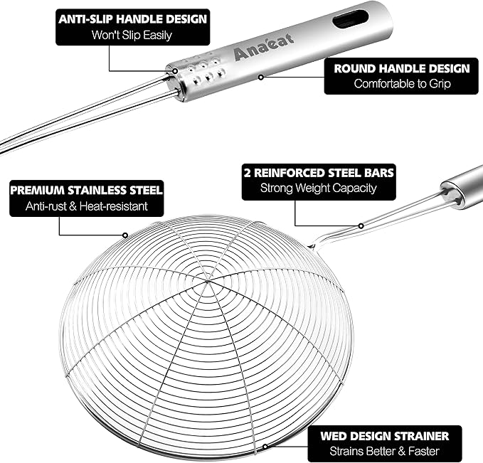 Anaeat 6.1" Stainless Steel Spider Skimmer, Professional Kitchen Pasta Strainer Spoon with Long Handle - Asian Strainer Ladle Wire Skimmer Spoons for Cooking and Frying