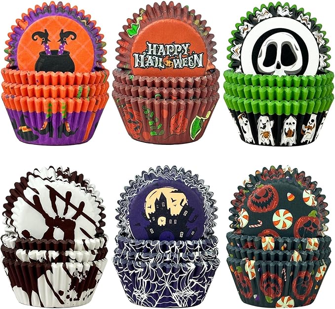 qiqee Halloween 300-Count Cupcake Liners Standard Cupcake Cups 6 Design Cupcake Papers Baking Cups Cupcake Wrappers for Halloween (Standard Size)