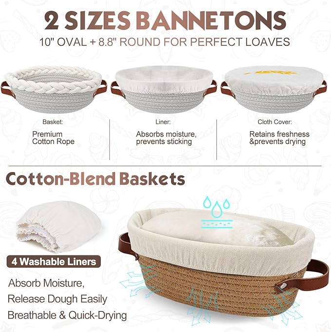 Sourdough Starter Kit Banneton Bread Proofing Basket Set with 32oz Jar, Dough Whisk, Lame & More Cotton Blend Baking Supplies for Sourdough Bread