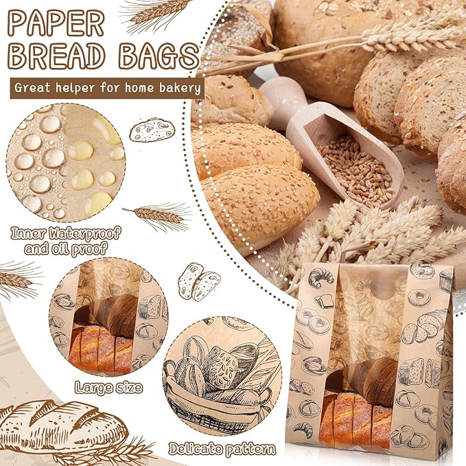 100 Packs Paper Bread Bags for Homemade Bread Sourdough 13.8 x 8.3 x 3.5 Inches Kraft Paper Bakery Bag with Window Label Seal Sticker for Baked Food Packaging Storage(Brown)
