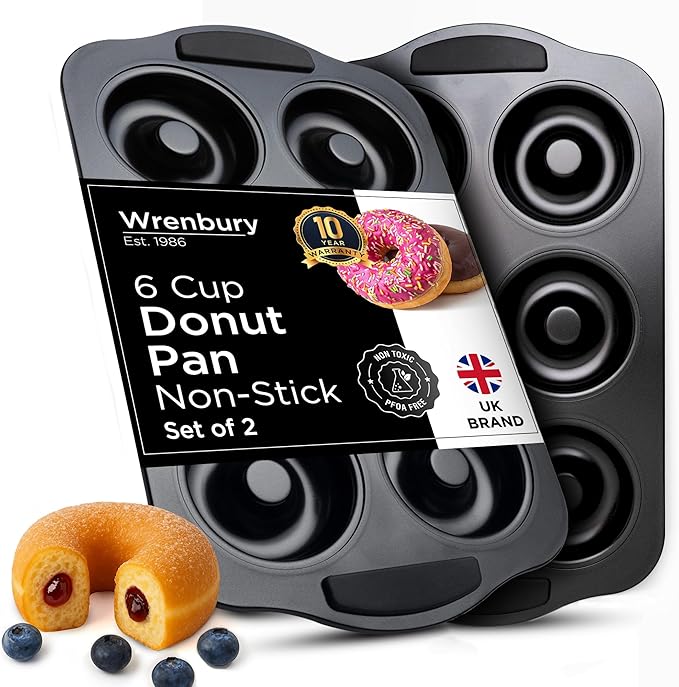 Wrenbury Donut Pan for Baking 6 Cup Jumbo Set of 2 - Non Toxic Large Doughnut Mold Baking Tray - Carbon Steel Bagel Molds - 3.5” Cup - Easy Clean