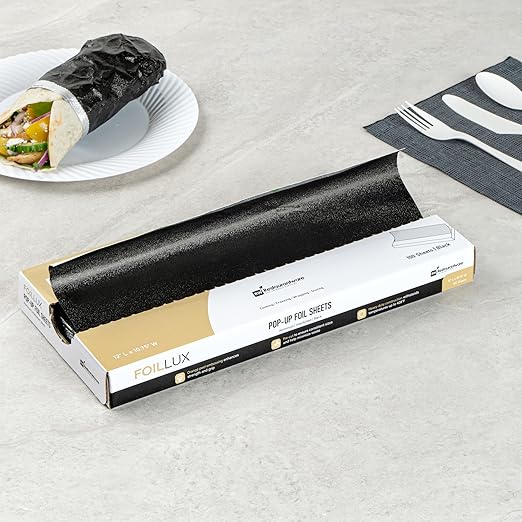 Foil Lux 12 x 10.8 Inch Pop-Up Foil Sheets, 100 Disposable Foil Papers For Food - Orange Peel Embossing, Interfolded, Black Aluminum Foil Sheets, Greaseproof, Freezable, Oven Ready - Restaurantware