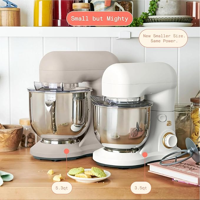 Beautiful 3.5 Qt Tilt-Head Stand Mixer | 12-Speed 300 W Motor | Stainless Bowl Beater, Dough Hook & Whisk by Drew Barrymore (White)
