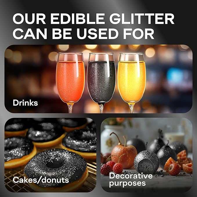 Bakeebake Edible Glitter 15g - Edible Glitter for Drinks & Desserts - Gluten Free Cake Decorating – Tasteless Vegan Drink Cocktails and Parties (Black, 15 grams)
