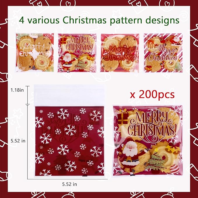 Christmas Cellophane Bags Biscuit Roasting Treat Bags Individual Wrappers Self Adhesive OPP Cookie Bakery Present Gift DIY Candy Decorating Favor Bags (4x4 Inch, 200Pcs)