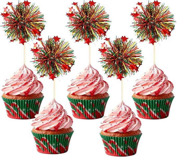 24Pcs Christmas Cupcake Toppers, Merry Christmas Foil Firework Cupcake Toppers Tinsel Drink Picks Winter Supplies Favor