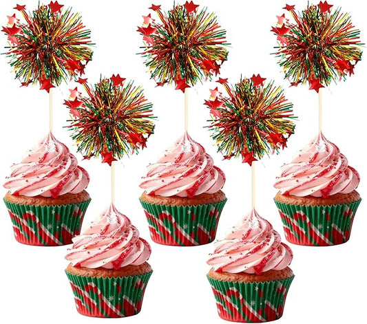 24Pcs Christmas Cupcake Toppers, Merry Christmas Foil Firework Cupcake Toppers Tinsel Drink Picks Winter Supplies Favor