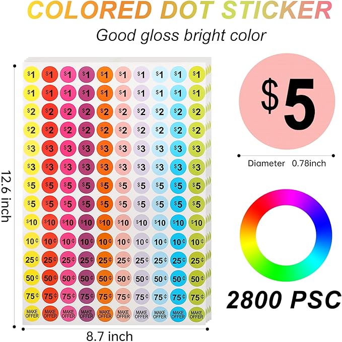 2800Pcs Garage Sale Price Stickers, 3/4 Inch Round Yard Sale Price Stickers, Removable Price Tag Labels for Yard Sales, Flea Markets, County Fairs & Retail Stores