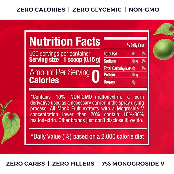 Monk Fruit Sweetener No Erythritol (25X Sweeter Than Sugar) Zero Calories, Zero Glycemic, Non-GMO, No Fillers - Monk Fruit Extract (7% Mogroside V) by Transparency Foods (3oz, 566 servings)