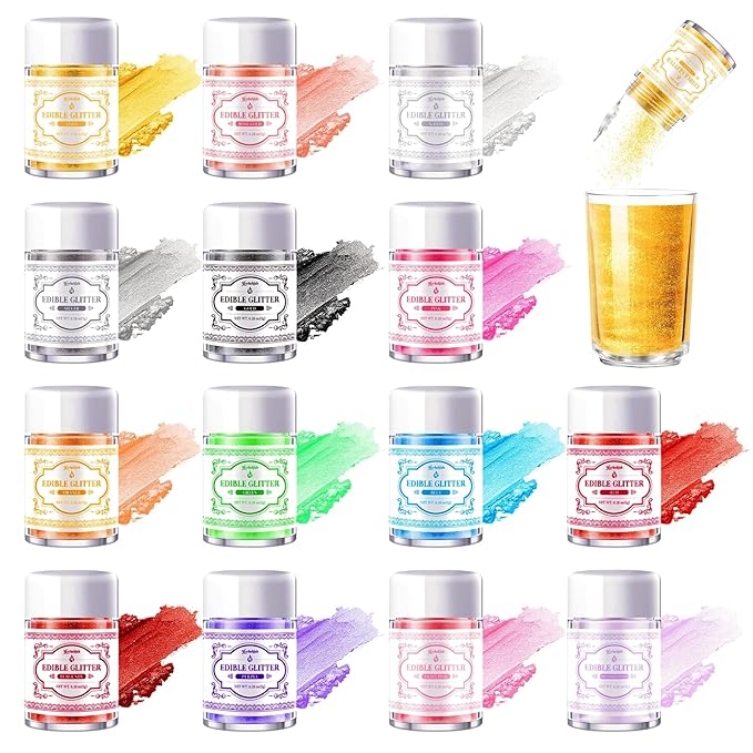 Edible Glitter for Drinks – 14 Colors Luster Dust, Food Grade Cocktail Shimmer Powder for Cakes, Beverages, Chocolate & Candy, 5g/Bottle
