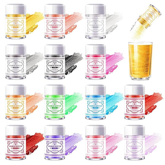 Edible Glitter for Drinks – 14 Colors Luster Dust, Food Grade Cocktail Shimmer Powder for Cakes, Beverages, Chocolate & Candy, 5g/Bottle