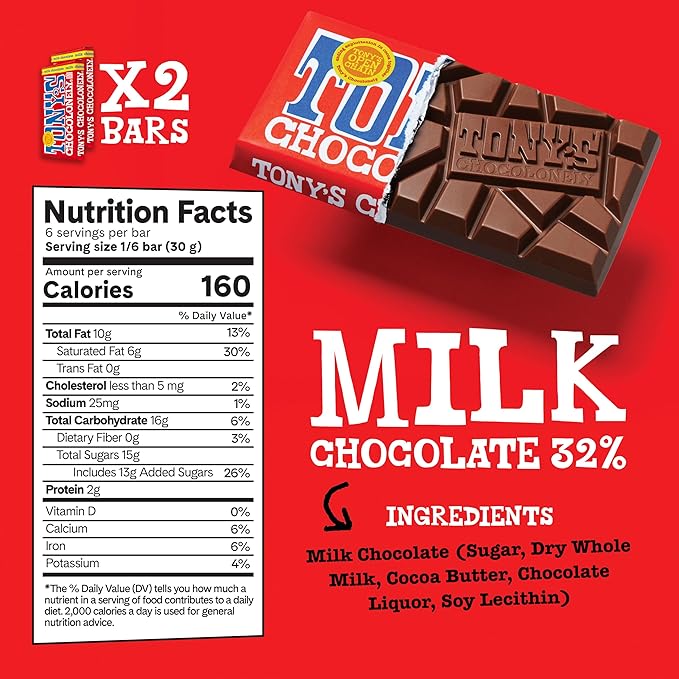 Tony's Chocolonely - Top 3 Milk Chocolate Bundle - Belgium Chocolate Halloween Candy Bar, No Artificial Flavoring, Fairtrade & B Corp Certified - 6.35 Oz, 6 Bars
