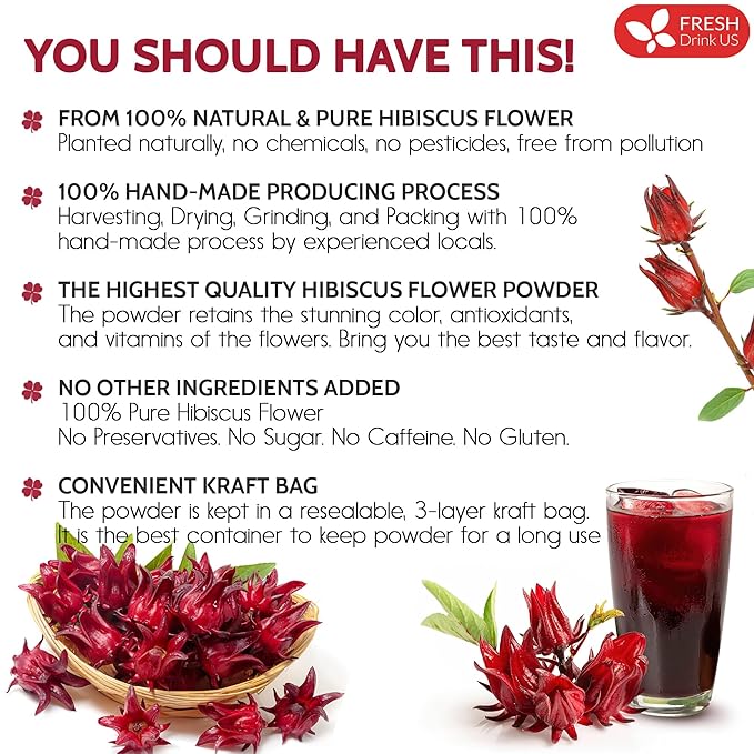 FreshDrinkUS, Premium 40oz Hibiscus Flower Powder, 100% Natural and Pure from Hibiscus Flowers, Natural Food Coloring, No Additives, No Gluten, No Sugar, Vegan