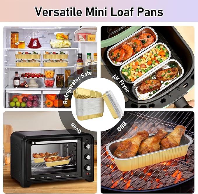 OcePor 100 Pack Mini Loaf Pans With Lids，Mini Cake Pans With Lids and Spoons，6.8oz Bread Loaf Pans Disposable，Small Aluminum Cake Tins,Baking Pans Individual (Gold)