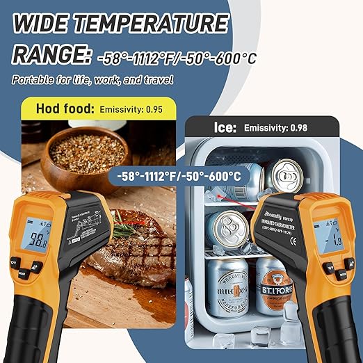 Infrared Thermometer Laser Temperature Gun with Cal Calibration, -58℉ to 1112℉, for Cooking, Oven,Meat Food,HVAC,Appliance（Yellow）