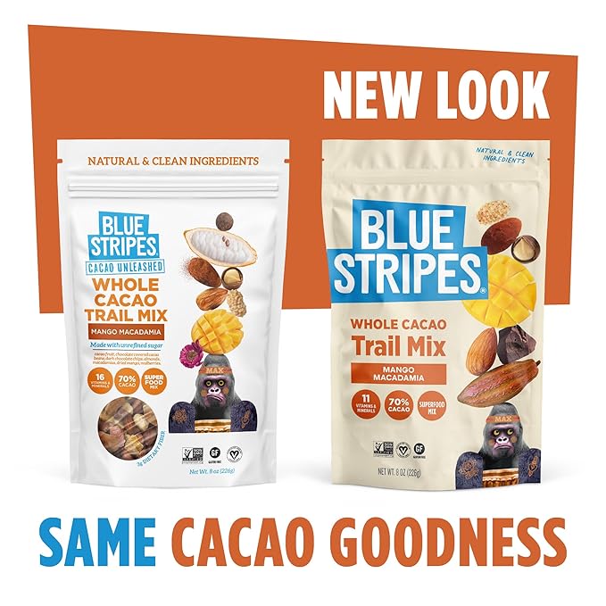 Blue Stripes - Trail Mix, 70% Chocolate Chips, Almonds, Macadamia Nuts, Mango, Healthy Snacks for Adults, Whole 70% Cacao, With Unrefined Sugar, Non GMO, Gluten Free, Vegan, 8 oz