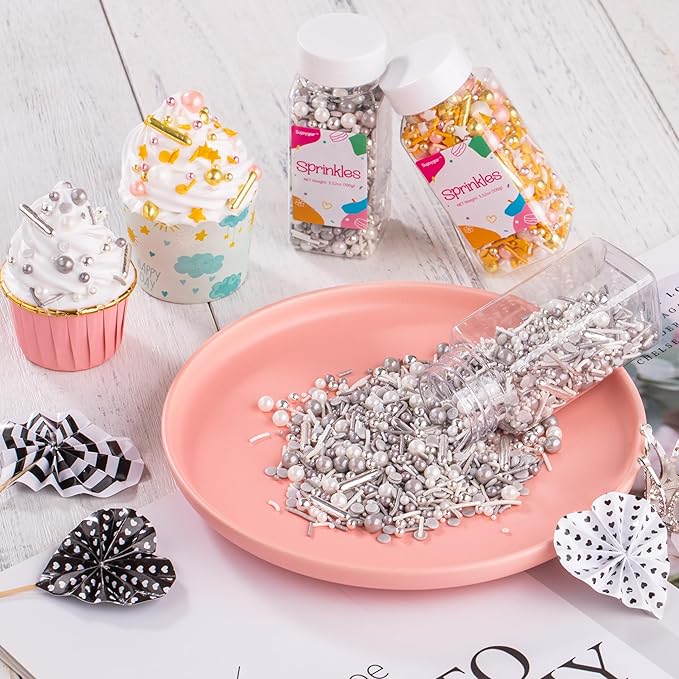 Silver Sprinkles for Cake Decorating, White Silver Sprinkles Mix for Cupcakes Toppers, Ice Cream, Cookie, 3.52oz
