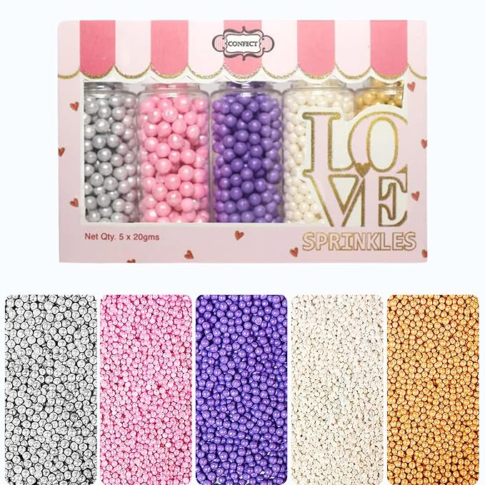 Confect Pearl Sprinkles | Sprinkles for Cakes & Cupcakes Decoration | Assorted pack of 5 Royal Unicorn | Mix Sliver, Baby Pink, Purple, White & Golden Dragees | Vegan, Gluten-Free, Nut-Free, Soy-Free, Dairy-Free, Palm Oil-Free, No Artificial Dyes - 5 Oz