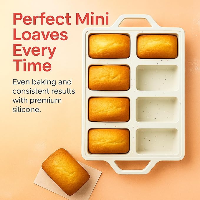 2-Pack Silicone Mini Loaf Pan Set – 8-Cavity Nonstick Baking Molds with Metal-Reinforced Handles – BPA-Free, Odor-Resistant Silicone Pans for Mini Bread, Cakes & Meatloaf – Cream