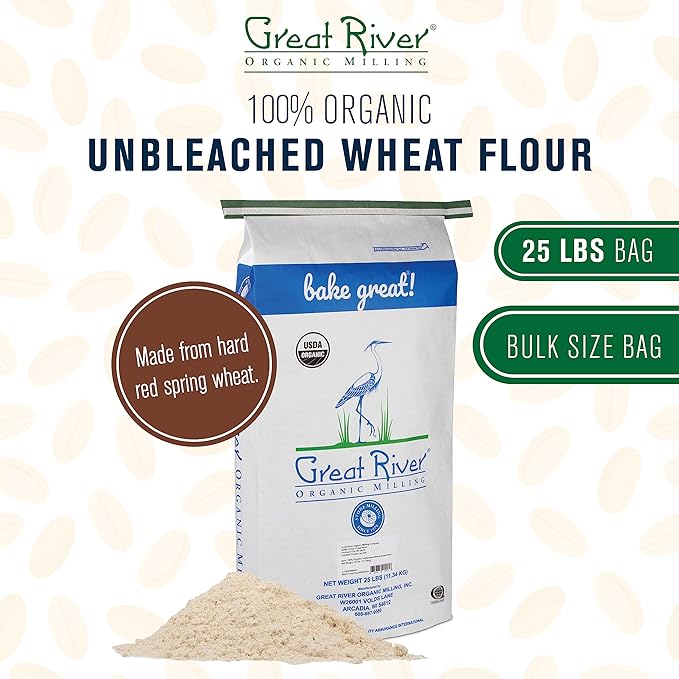 Great River Milling Organic Unbleached Wheat Bread Flour | Artisan Bread Flour for Baking | Multi-Purpose Wheat, Unbromated, Non-GMO, Kosher | 25 Lb (Pack Of 1)