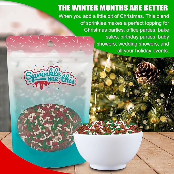 A Little Bit of Christmas - 12 Oz Resealable Stand Up Bag - Featuring Green Holly Leaves, Red Quins, Gingerbread Men, and White Decorettes - Sprinkle Me This