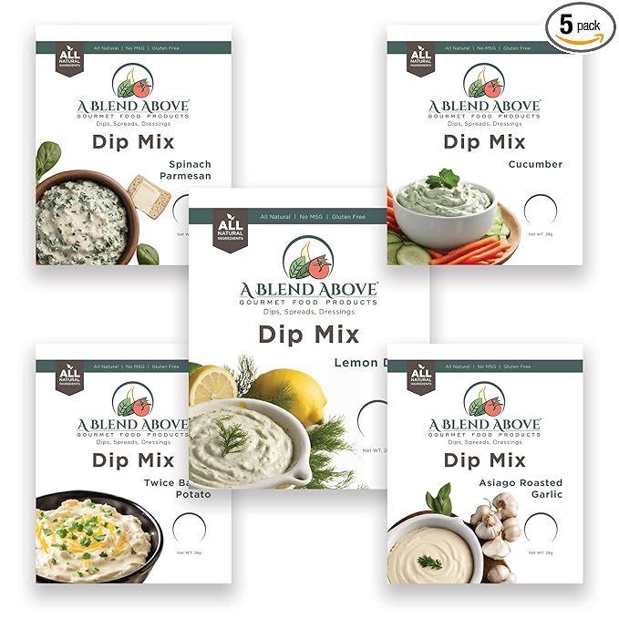 A Blend Above 5 Pack Summer Blends Dip Mixes - Includes Cucumber, Lemon Dill, Asiago Roasted Garlic, Spinach Parmesan, and Twice Baked Potato - All Natural, No MSG, Gluten Free, No Preservatives, Easy to Prepare - Ideal for Parties and Snacking