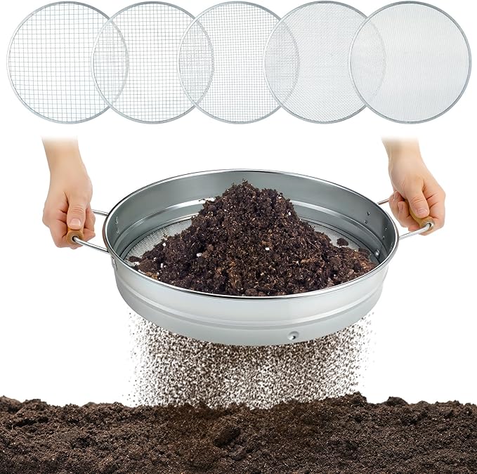 Soil Sifter for Gardening with 1, 3, 6, 9, 12 mm Sieve Mesh Compost Dirt Sifter with Handle Large Garden Sand Soil Rock Sieve 17.7" l x 13.8" W for Sand Rocks Pellet Gravel(Silver)