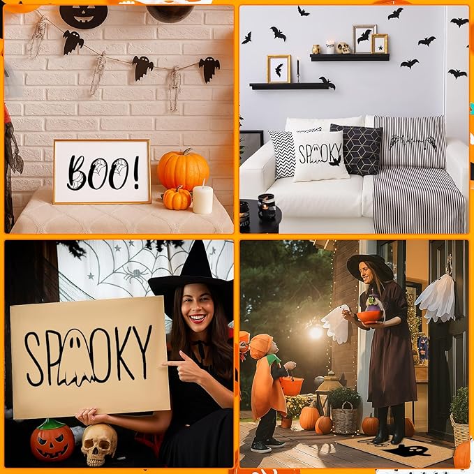 Dunzy 16 Pcs Halloween Stencils for Door Mats Crafts Reusable Hey Boo Ghost Welcome Templates Large Spooky Stencil for Painting Wood Sign Wall Halloween Doormat DIY Project