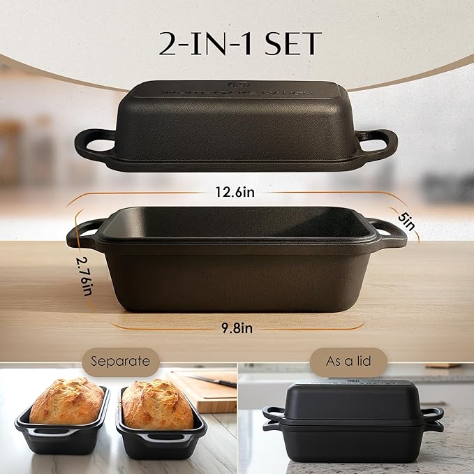 Cast Iron Bread Loaf Pan + Bread Bag + Dough Whisk + Brush | 2-in 1 Pre-Seasoned oven-safe bread pan for homemade bread | 5-Piece Set